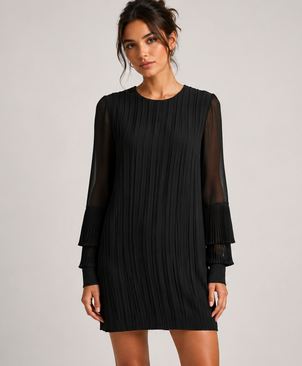 Just Cavalli Black Pleated Mini Dress Sheer Long Sleeve Italy Classic LBD 42IT/6